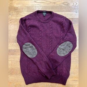 J. Crew Men's Maroon Crewneck Sweater with Brown Elbow Patches